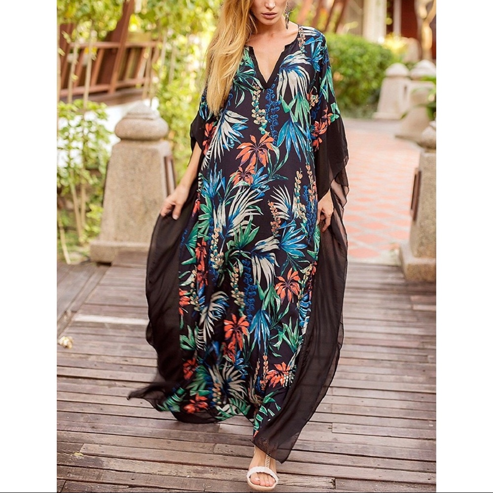Tropical Leaf print Kaftan bathing suit Cover Up
